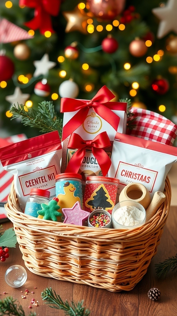 Christmas Baking Kit Gift Recipe A Christmas baking kit gift with ingredients, cookie cutters, and festive decorations in a basket.